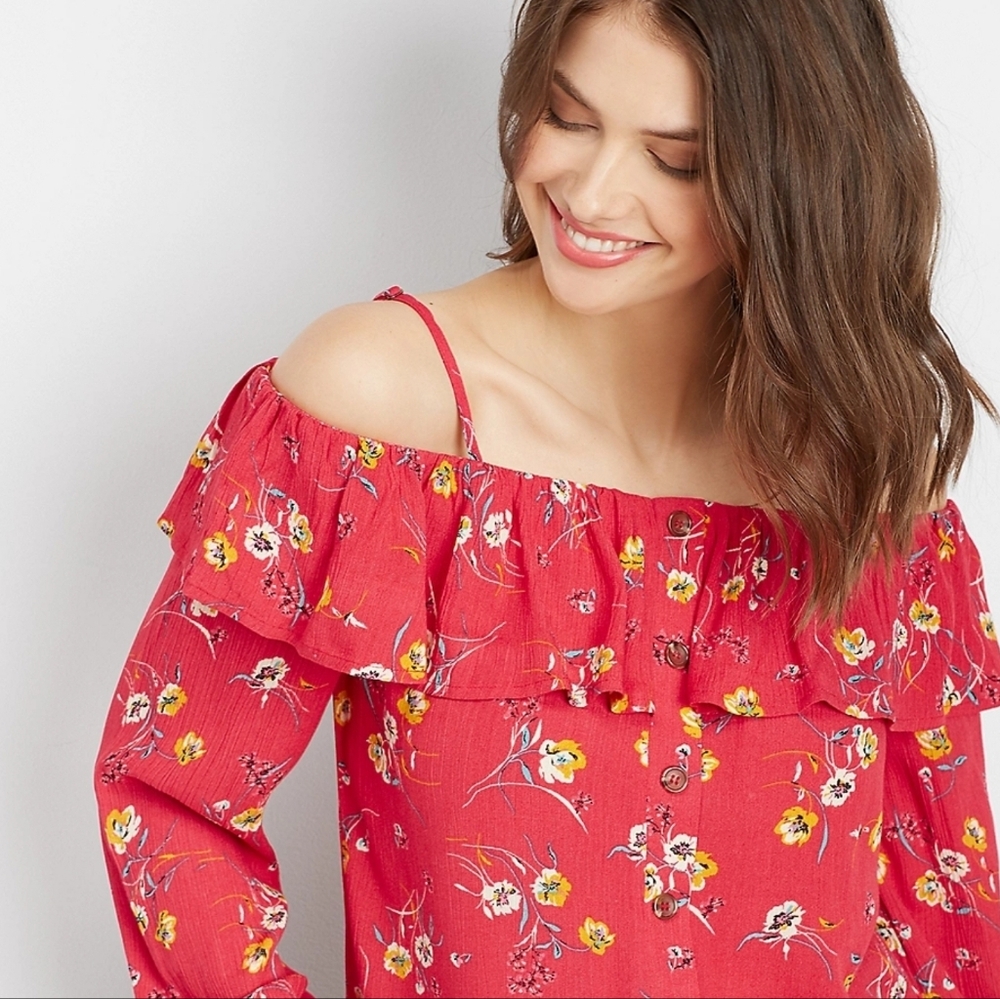 Maurices Red Floral Cold-Shoulder Ruffle Blouse Size Medium. Great Condition - Picture 7 of 16